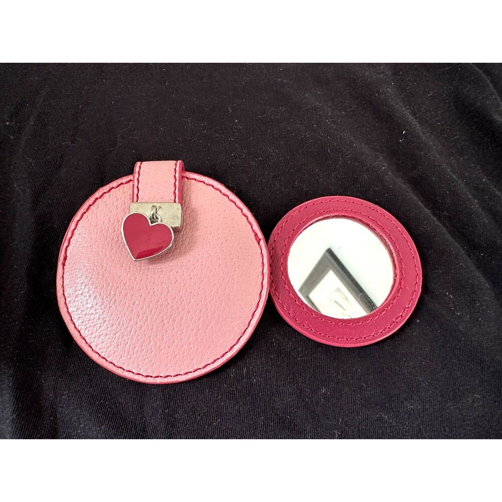 Small Pink Circle Leather Bag Purse Heart Charm Compact Circle Mirror